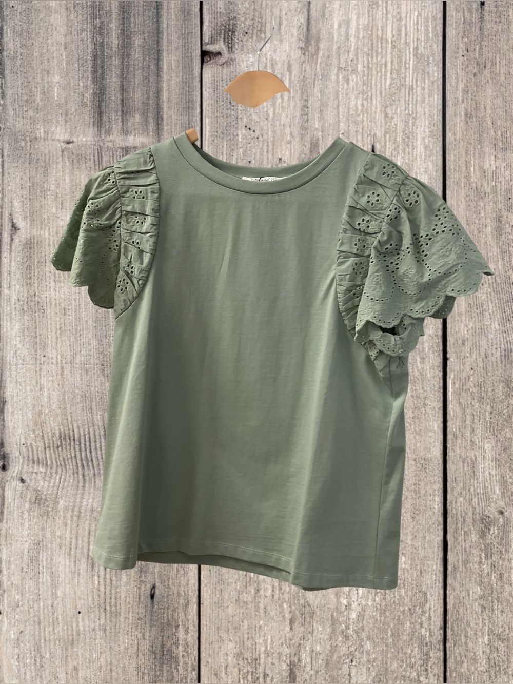 Doe & Rae Olive Eyelet Flutter Sleeve Tee